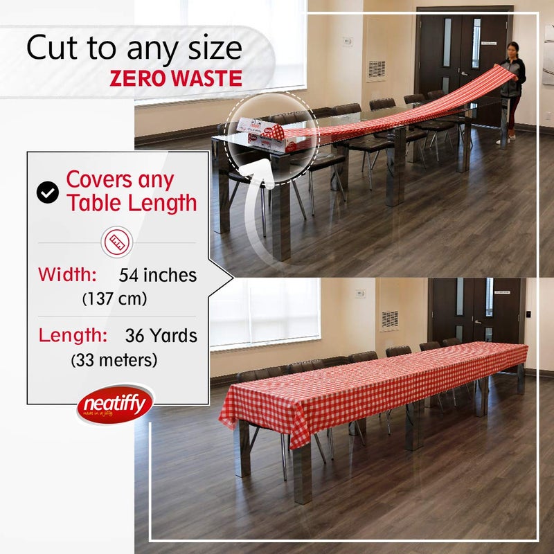 Neatiffy Disposable Plastic Table Cloth Roll | 54 in x 108 Ft Waterproof Tablecloth | Table Cover for Rectangle, Square, Round Oval Tables | Picnic, Party, Banquet, Birthdays, Weddings, Red Checkered - Image 4